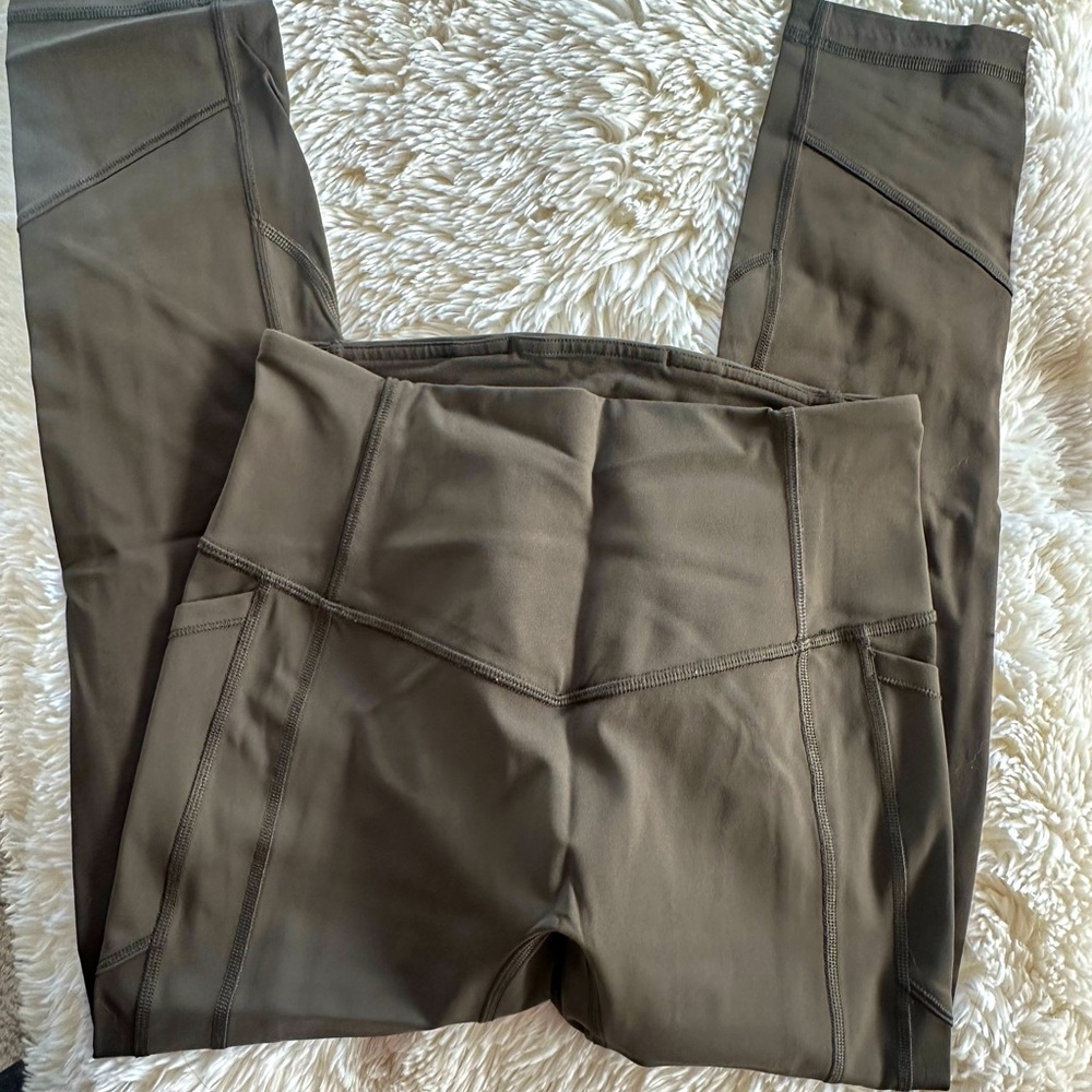 EUC Lululemon All The Right Places leggings, olive green, pockets, no piling